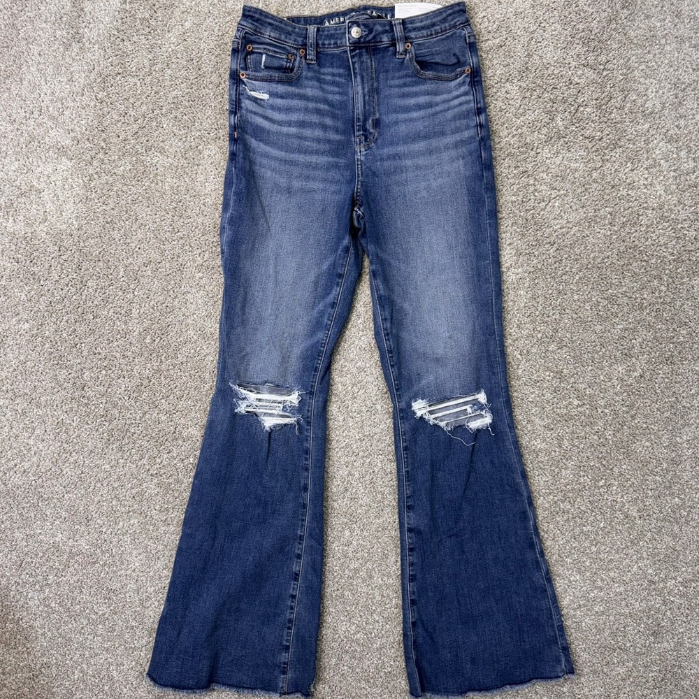American Eagle Jeans Womens 8 Super High-Rise Flare Blue Distressed NEW